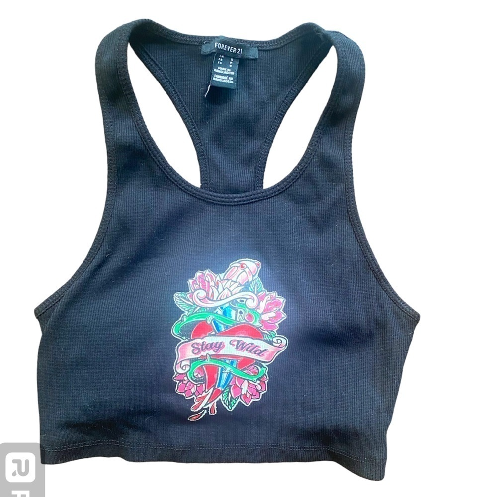 2/$10 Forever 21 Black Cropped Stay Wild Tank Small